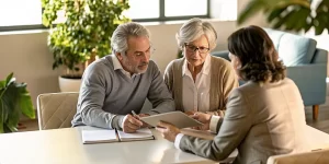 Couple reviewing a retirement income plan with a financial professional