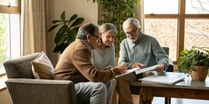 Retired couple reviewing Roth conversion and Medicare planning with a financial advisor